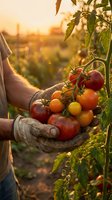 Farmer hands holding fresh ripe tomatoes at sunset in organic garden. Agricultural harvest concept for healthy eating and sustainable farming practices.