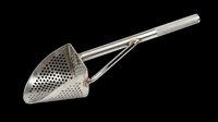 Stainless steel skimmer with perforated basket and long handle, isolated on transparent background. Ready for kitchen clipart, cooking design, print-on-demand products, and sublimation projects.