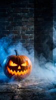 Carved jack-o-lantern with glowing face surrounded by blue fog and smoke against dark brick wall, creating spooky atmosphere for seasonal decorations and holiday marketing.
