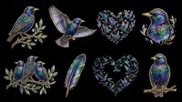 Iridescent hummingbirds and songbirds with feather and leaf motifs isolated on transparent background. Ready for t-shirt design, clipart, stickers, sublimation and print-on-demand products.
