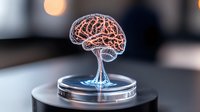Glowing anatomical brain hologram floating above metallic platform with neural connections illuminated in orange and blue, futuristic medical visualization concept.