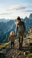 Young Caucasian mother and toddler hiking a rocky mountain trail, holding hands with dramatic alpine peaks and soft sky in background.