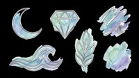 Watercolor clipart set with moon, diamond, wave, feather, and paint strokes in blue and mint tones, isolated on transparent background, ready for stickers, t-shirt design, and print on demand.