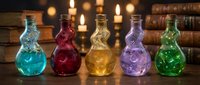 Colorful magical potion bottles with glowing liquids arranged on wooden table with candles and books creating mystical alchemy laboratory atmosphere.