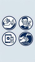 Four circular medical and hygiene icons featuring injection, thermometer, medication app, and handwashing symbols in navy blue for healthcare communications.