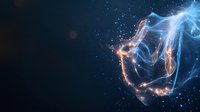 Glowing neon wireframe hand gesture isolated on dark background with particles and light effects for technology, innovation, and digital design projects.