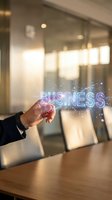 Businessman hand touching glowing holographic business text with digital particles in modern office conference room for corporate presentations.