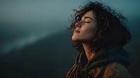 Young Hispanic woman with curly hair enjoying peaceful moment outdoors at sunset, eyes closed in serene expression, wearing casual jacket against mountain backdrop.