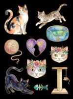 Calico cat, tabby kitten, cat bed, yarn ball, heart-shaped pet toy, floral cat face, black cat, fish toy, and cat tree isolated on transparent background. Ready for t-shirt designs, stickers, clipart, print-on-demand products, and sublimation projects.