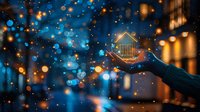 Hand holding glowing house model with magical bokeh lights creating dreamy real estate investment concept for property marketing and home ownership dreams.