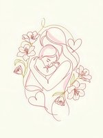Tender mother holding newborn baby surrounded by delicate lily flowers in soft pink line art style for motherhood and family celebration designs.