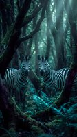 Two zebras standing in mystical dark forest with moss-covered trees and ethereal lighting creating magical wildlife scene for nature and fantasy projects.