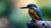 Common kingfisher perched on wooden log against blurred natural background, vibrant blue and orange feathers in detailed side view portrait showing distinctive long beak.