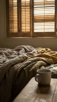Cozy unmade bed with rumpled linen bedding and coffee mug by wooden shuttered window with warm morning sunlight streaming through slats creating peaceful atmosphere.