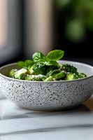 Fresh green vegetables with broccoli, brussels sprouts and basil leaves in spotted ceramic bowl on marble surface, garnished with grated parmesan cheese.