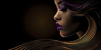 African American woman with flowing golden hair and purple lips in profile against dark background, artistic fashion portrait with glowing light effects.