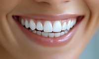 Close-up of bright white healthy teeth and natural pink lips showing perfect dental care smile against soft-focus skin background for dental and cosmetic advertising.