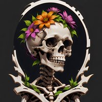 Decorative skull with vibrant orange and purple flowers, green leaves forming crown against dark background. Artistic skeleton portrait with ornate frame elements.