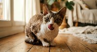 Adorable tabby cat with white markings sitting on wooden floor in cozy living room with natural sunlight streaming through window for pet care content.