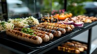 Grilled sausages with char marks on black grill grate alongside fresh coleslaw, onions and buns, showcasing outdoor barbecue and summer party food preparation.