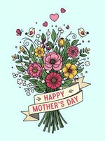 Colorful flower bouquet with Happy Mother's Day banner ribbon, hearts and decorative elements on mint green background for greeting cards and celebrations.