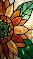 Vibrant stained glass sunflower with orange petals and green leaves creating colorful light patterns for decorative window art and interior design.