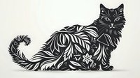 Decorative black cat silhouette with floral and leaf pattern design on white background, ornamental style artwork for wall decor and fabric prints.