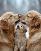 Adorable golden retriever family moment with two adult dogs touching noses while puppy looks up between them, showing love and bonding in soft natural lighting.