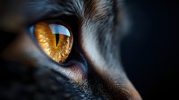 Extreme close-up of cat's amber eye with detailed iris pattern and reflection, showing intricate details against dark fur background. Artistic macro photography.