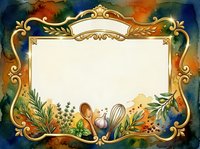 Ornate golden frame with botanical elements and cooking utensils on watercolor background, isolated on cream center space for text, design template for menus, recipes, culinary projects.