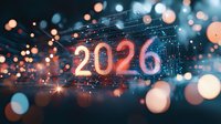 Glowing 2026 number with futuristic digital network and bokeh light effects on dark background, representing technology advancement and future vision.