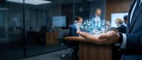 Businessman holding holographic digital network icons in modern office environment representing connectivity and technology solutions.
