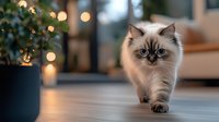 Ragdoll cat with blue eyes walking on wooden floor against blurred bokeh lights background, cozy home atmosphere with potted plant and soft lighting.