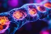 Glowing neural network structure with luminous golden and magenta nodes connected by bright blue filaments, representing digital connectivity and data transmission for technology and science concepts.