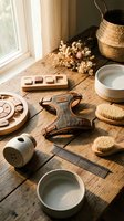 Natural wooden pet grooming accessories and ceramic bowls arranged on rustic table with warm sunlight creating cozy atmosphere for dog care routine.