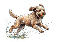 Goldendoodle or Labradoodle dog running through grass with joyful expression, isolated on white background for design, clipart, and merchandise applications.