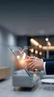 Businessman in dark suit holding transparent digital tablet displaying financial data with growth metrics and market share statistics in modern office environment.