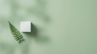 Minimalist white cube and green fern leaf on soft sage background with natural shadow overlay creating organic geometric composition for modern branding.