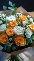 Fresh bouquet featuring peach-colored and white roses with delicate daisies and eucalyptus leaves, wrapped in kraft paper. Elegant floral arrangement for special occasions.