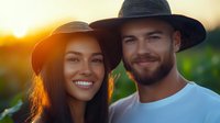 Mixed race couple in black hats smiling at sunset, backlit with golden sunlight and natural bokeh background, romantic outdoor portrait with warm lighting.