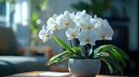 White orchid phalaenopsis in gray ceramic pot on wooden table against blurred interior background with natural sunlight creating cozy atmosphere.