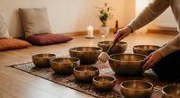 Woman playing Tibetan singing bowls in meditation room with candles and cushions for sound healing therapy and mindfulness practice.
