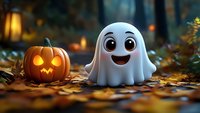 Cute cartoon ghost character and glowing jack o lantern on autumn forest floor with fallen leaves and magical bokeh lights in background for Halloween season.