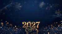 Golden 2027 text with decorative lion symbol on dark blue background with falling snowflakes and glowing bokeh particles, suitable for New Year celebrations and holiday greeting cards.