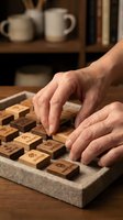 Hands arranging wooden letter blocks with symbols on stone surface in cozy home office setting for creative writing and storytelling projects.