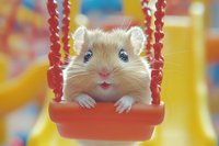 Adorable golden hamster sitting on red swing against colorful blurred background, looking directly at camera with bright eyes and cute expression, paws gripping edge.