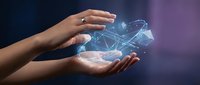 Female hands holding glowing digital network connections with blue light effects on dark gradient background for technology presentations.