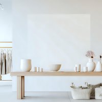 Minimalist retail interior with wooden table displaying white ceramic vessels and dried palm leaves in bright, airy boutique space.
