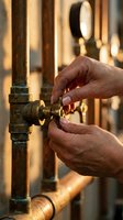 Skilled plumber hands adjusting brass valve on copper pipes in warm industrial setting for professional maintenance and repair work.