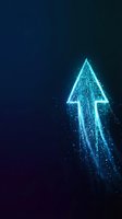 Glowing blue digital arrow pointing upward with particle trail on dark background representing growth, success, progress and business advancement concepts.